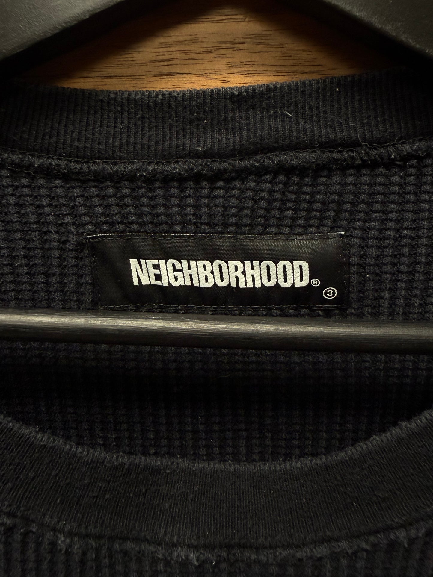 Neighborhood Embroidered Black/White Thermal Cotton Long Sleeve Shirt