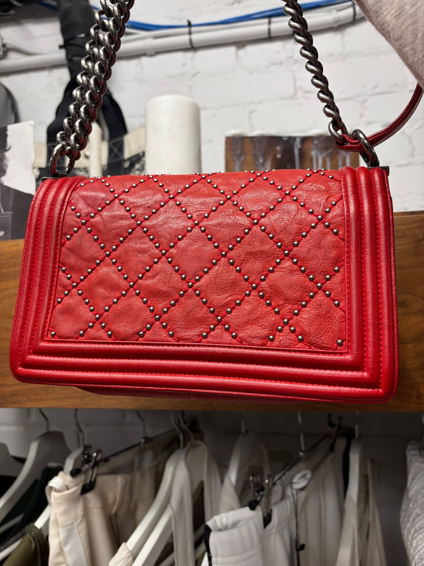 Chanel ‘Studded’ Red Quilted Leather Medium Boy Bag with Chain Crossbody Strap