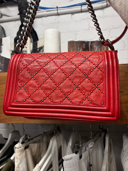 Chanel ‘Studded’ Red Quilted Leather Medium Boy Bag with Chain Crossbody Strap