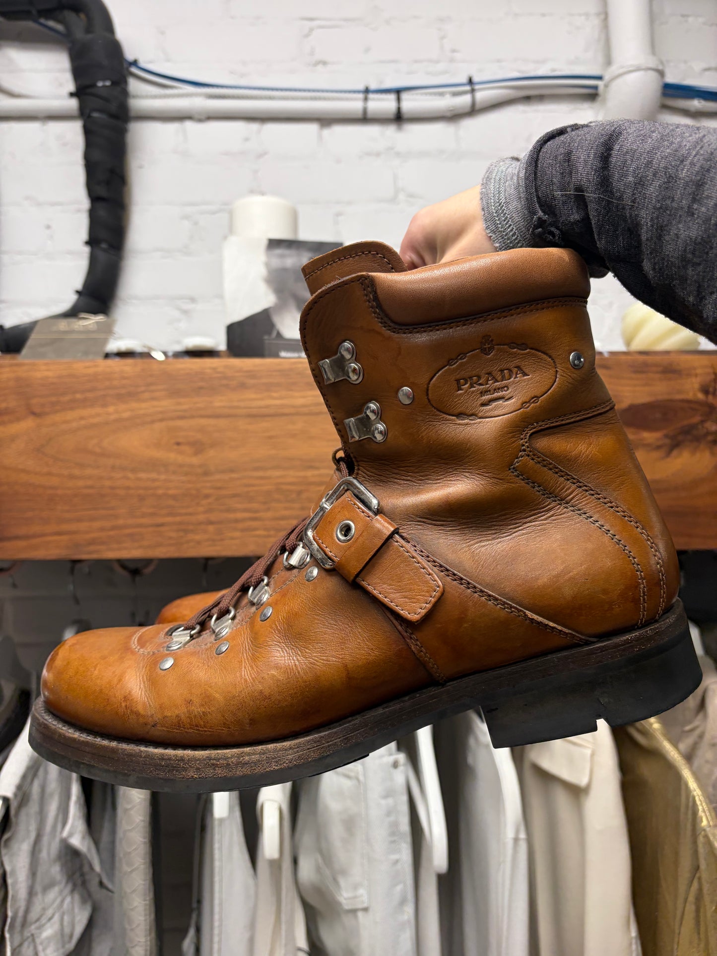 Vintage Prada Leather Strap Closure Brown Hiking Boots