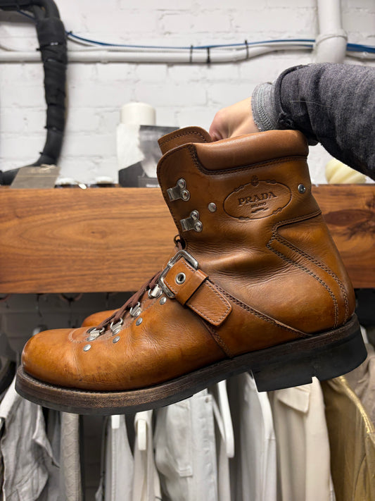 Vintage Prada Leather Strap Closure Brown Hiking Boots