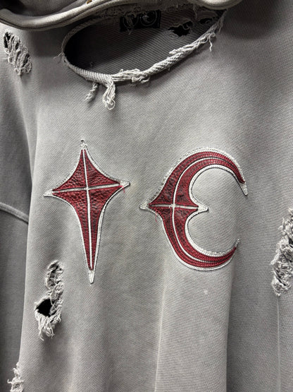 AW2023 Thug Club ‘Rock’ Grey Distressed Embroidered Logo Hoodie