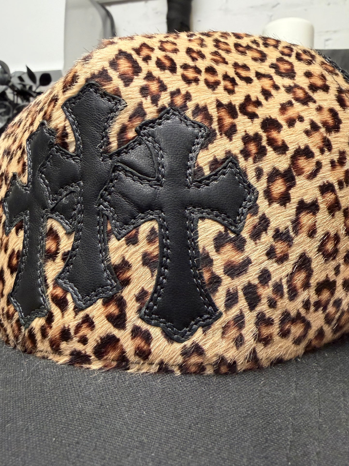 Chrome Hearts ‘Leopard’ Pony-Hair ‘Cemetery’ Leather Cross Patch Trucker Hat