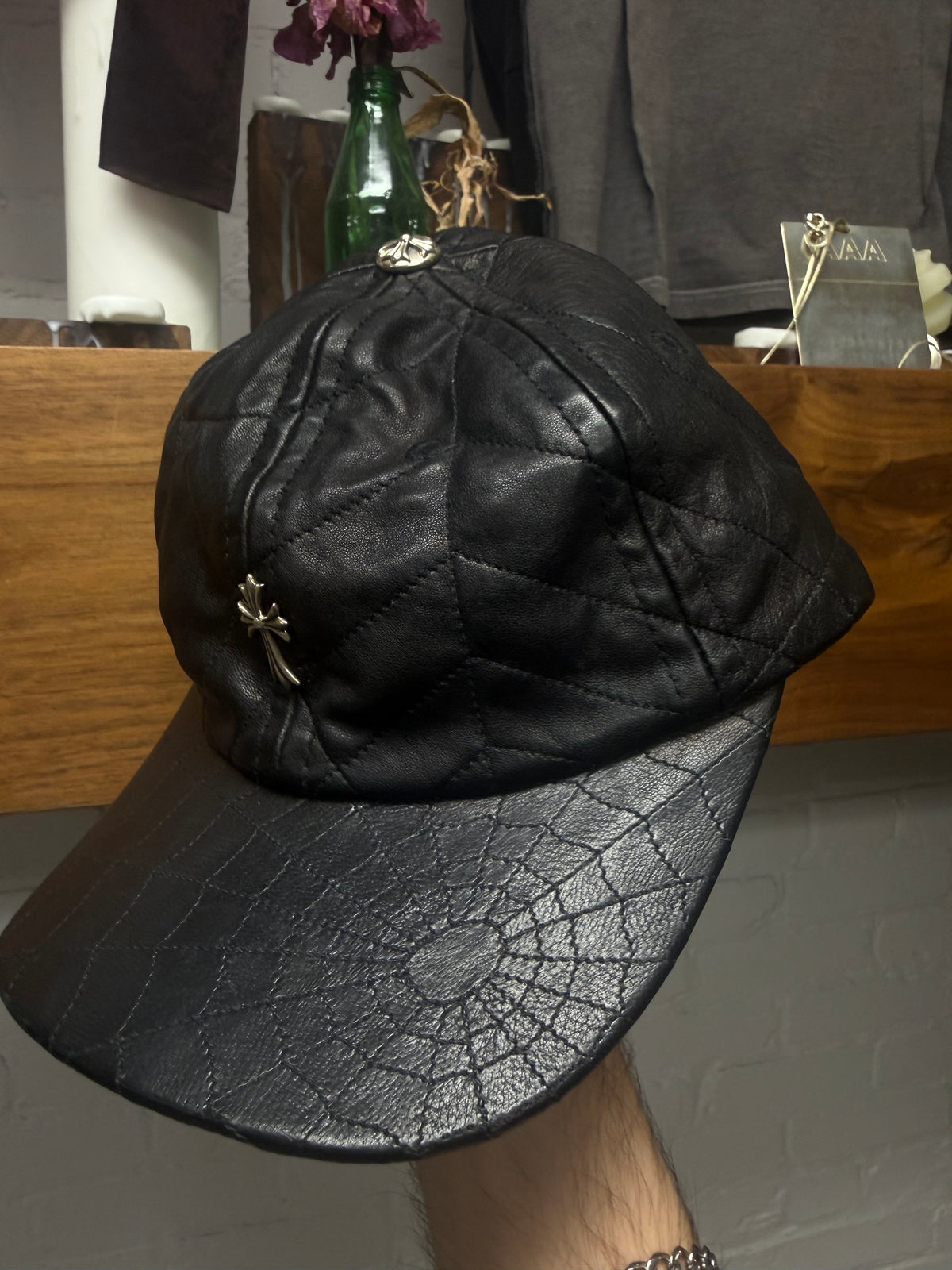 Chrome Hearts ‘Spiderweb’ Black Lambskin Leather Hat with .925 Silver Hardware
