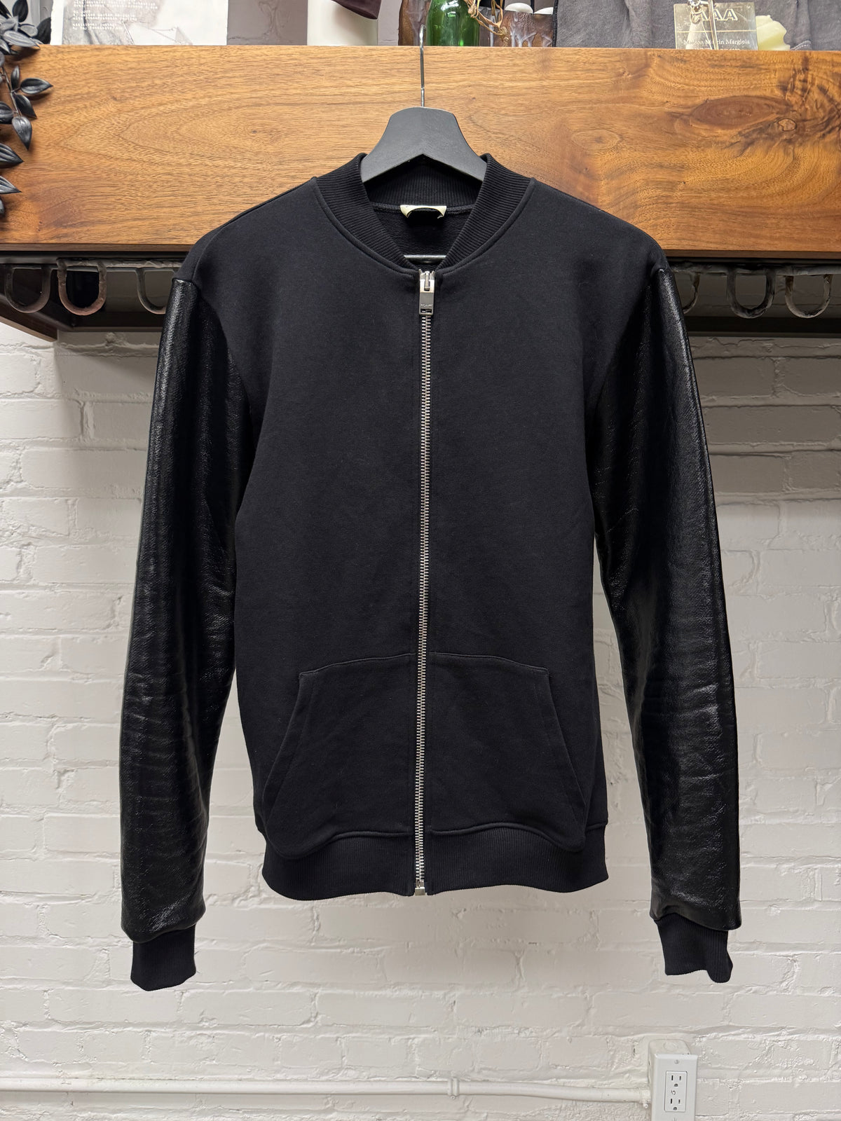 2014 Saint Laurent by Hedi Slimane Waxed Vinyl Sleeve Sweatshirt Bomber