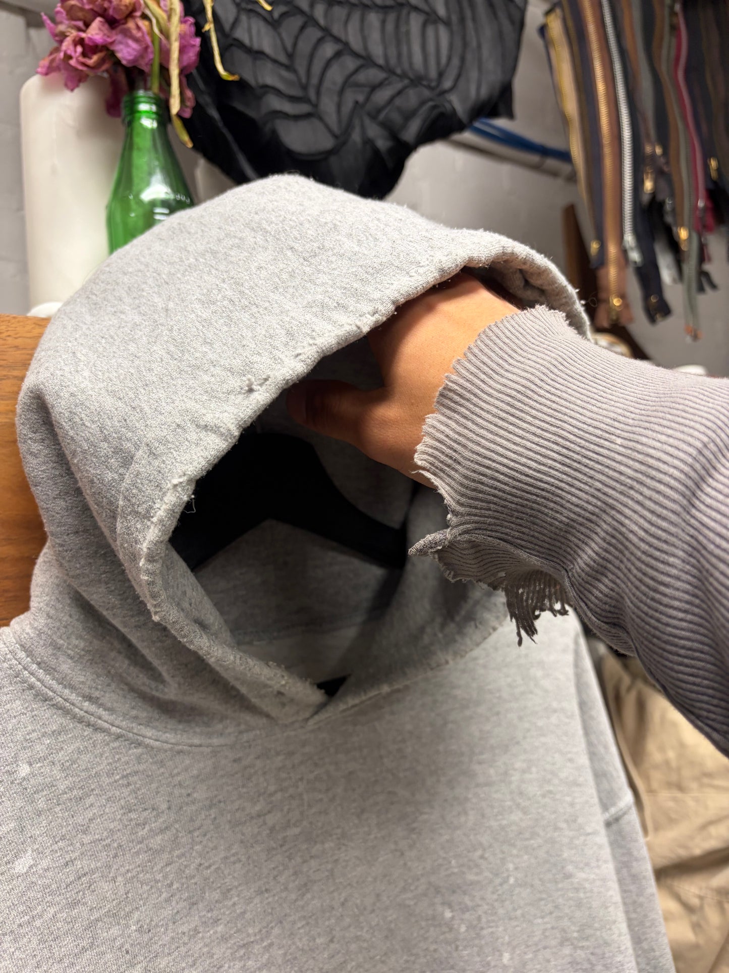 Sasquatchfabrix Distressed Grey Cotton Pullover Hoodie
