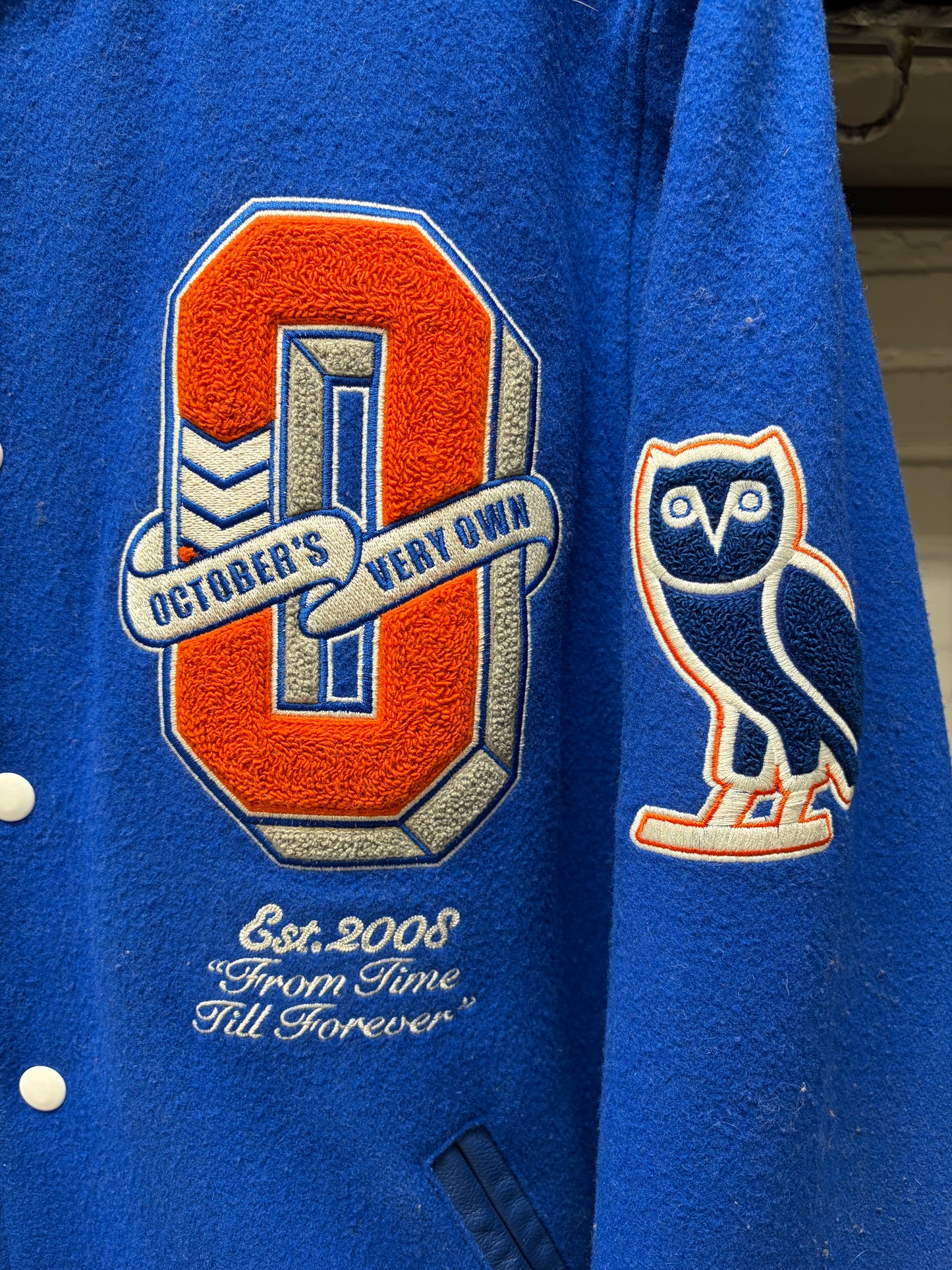OVO New York Knicks Chenille Patch Blue/Orange Varsity Jacket