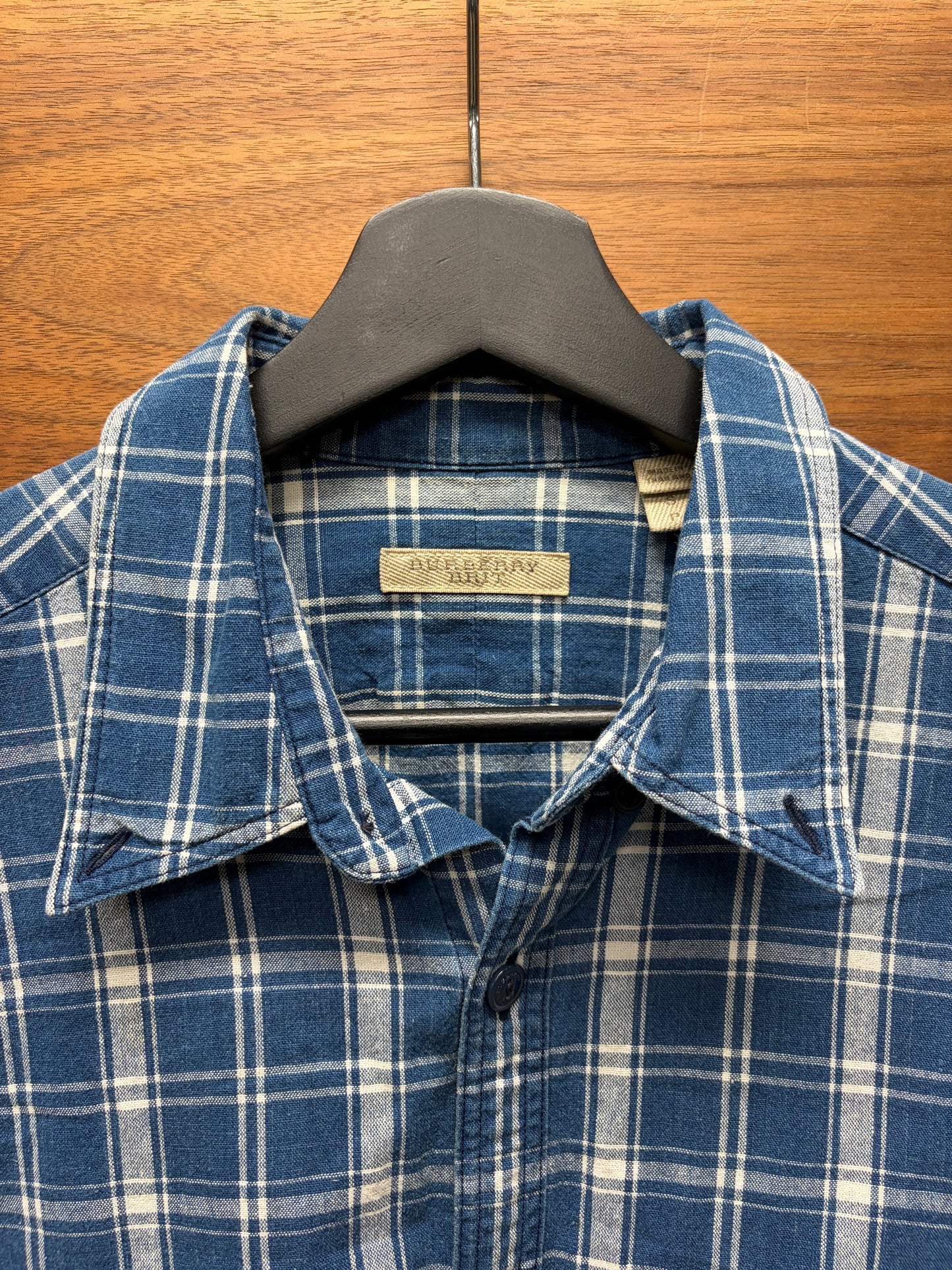 Burberry White/Blue Plaid Button Up Shirt with Leather Tab