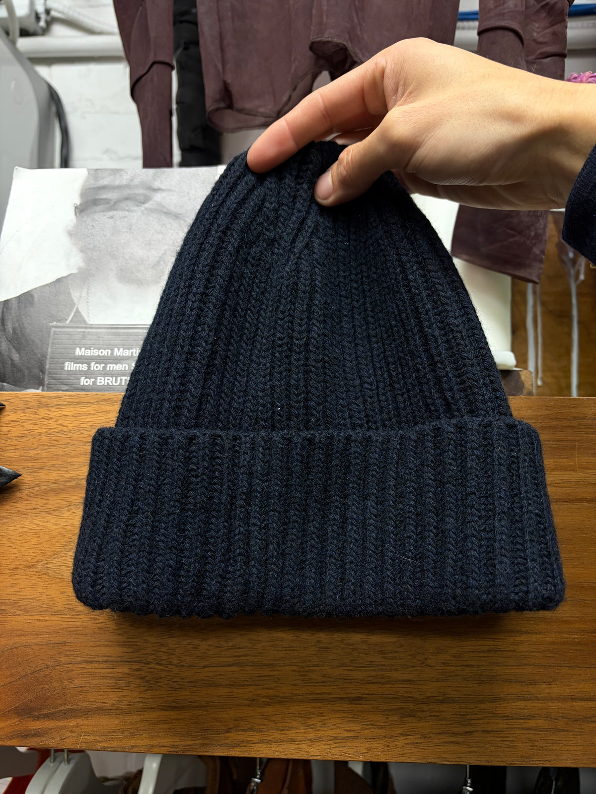 Chanel Ribbed Black Thick Cashmere Beanie with Tweed Patch Logo