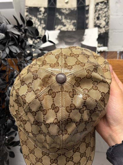 Gucci Coated Brown Canvas Leather Strap-Back Baseball Cap