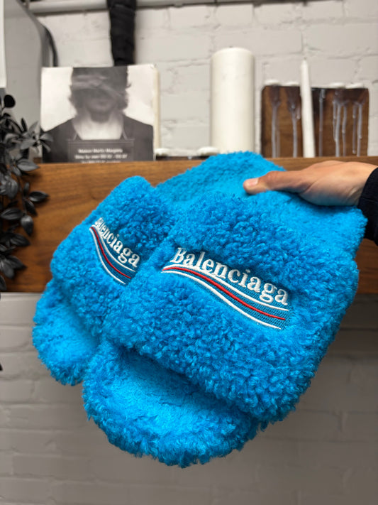 Balenciaga ‘Campaign Logo’ Blue Fuzzy Slides