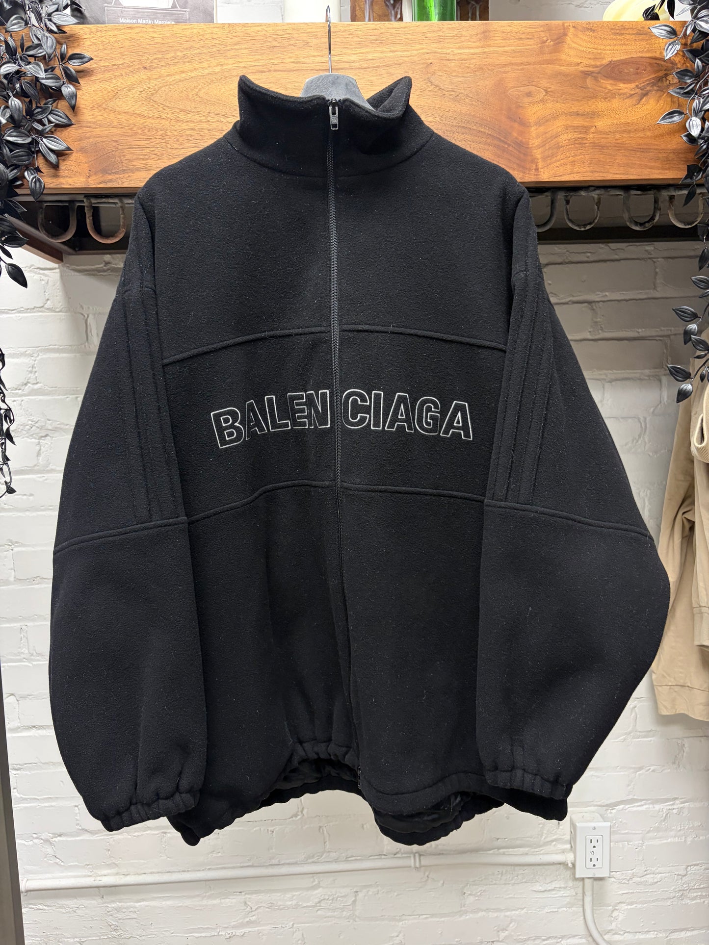 Balenciaga Oversized Black Embroidered Logo Virgin Wool Zip-Up Fleece Jacket