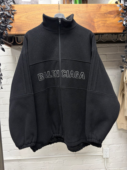 Balenciaga Oversized Black Embroidered Logo Virgin Wool Zip-Up Fleece Jacket