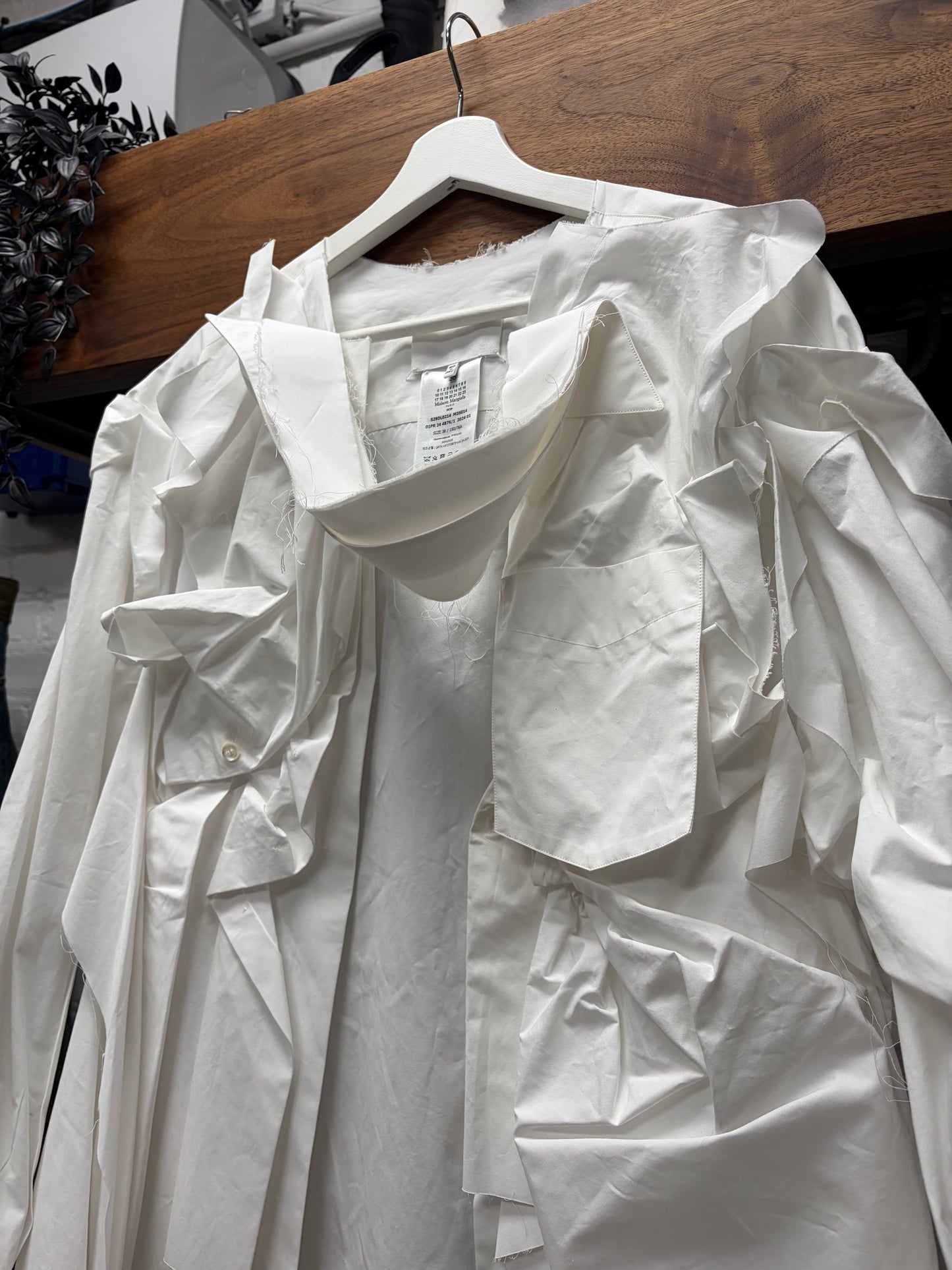 SS2024 Maison Margiela ‘Gathered’ White Poplin Oversized Frayed Hem Shirt