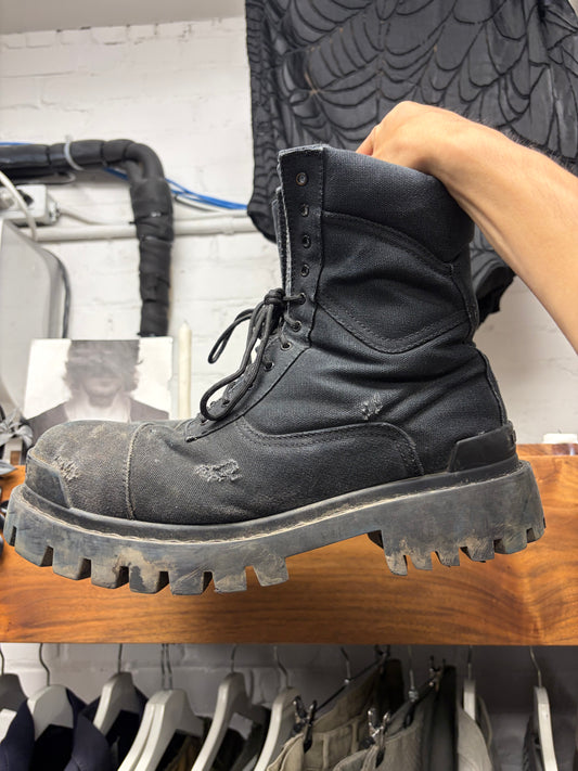Balenciaga ‘Strike’ Black Distressed Canvas Combat Boots