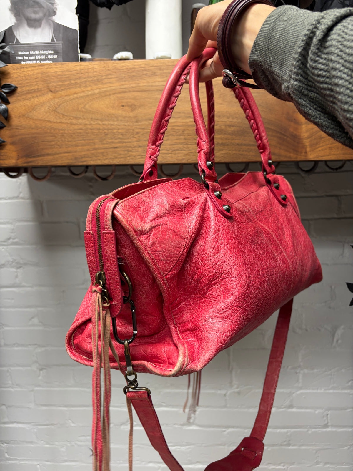 Balenciaga Red Lambskin Leather Classic Size ‘City’ Bag with Crossbody Strap