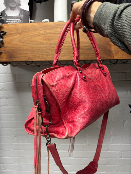Balenciaga Red Lambskin Leather Classic Size ‘City’ Bag with Crossbody Strap