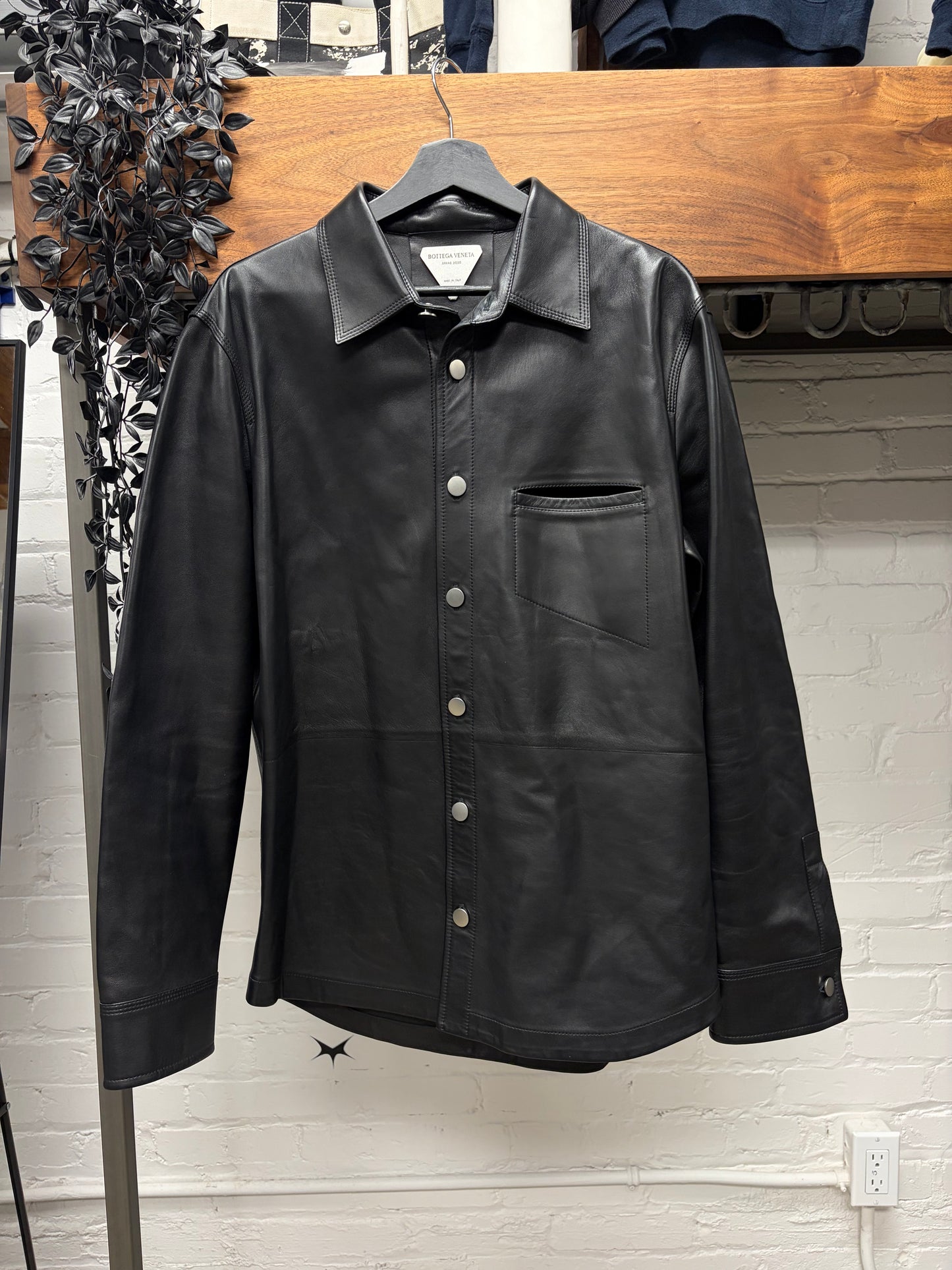 SS2020 Bottega Veneta ‘Polished Button’ Black Leather Oversized Work-Shirt