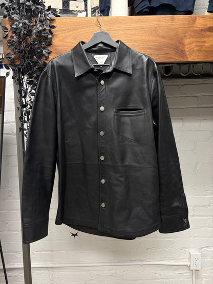SS2020 Bottega Veneta ‘Polished Button’ Black Leather Oversized Work-Shirt