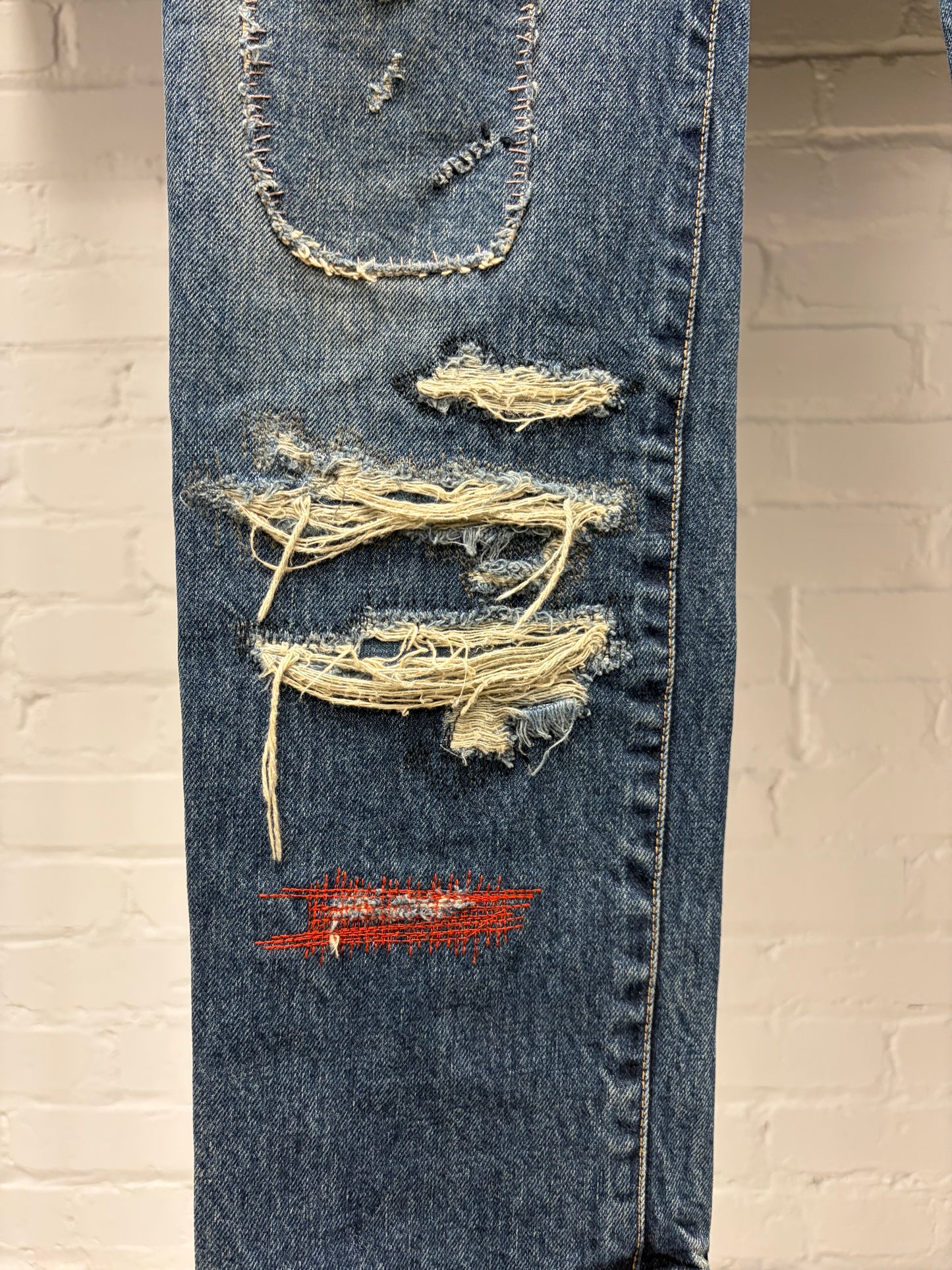 SS2005 Undercover ‘But Beautiful’ 60 Red Yarn Distressed Blue Denim