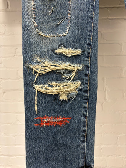 SS2005 Undercover ‘But Beautiful’ 60 Red Yarn Distressed Blue Denim