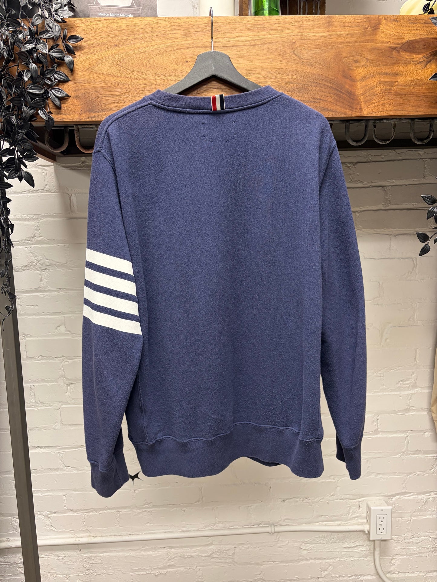 Thom Browne Navy/White Classic ‘Stripe Logo’ Cotton Pullover Sweatshirt