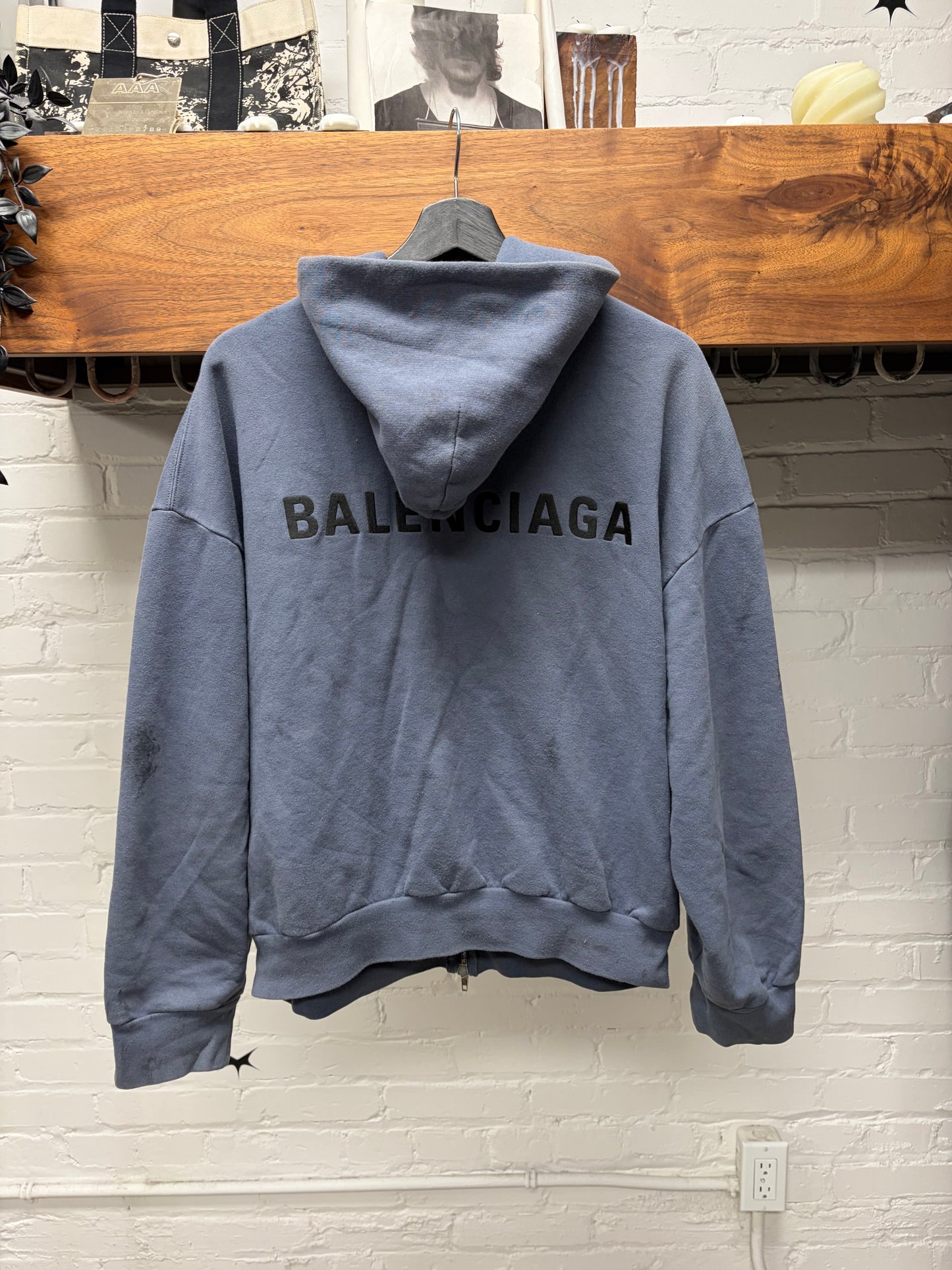 AW2025 Balenciaga ‘Painter’ Washed Blue Zip-Up Hoodie