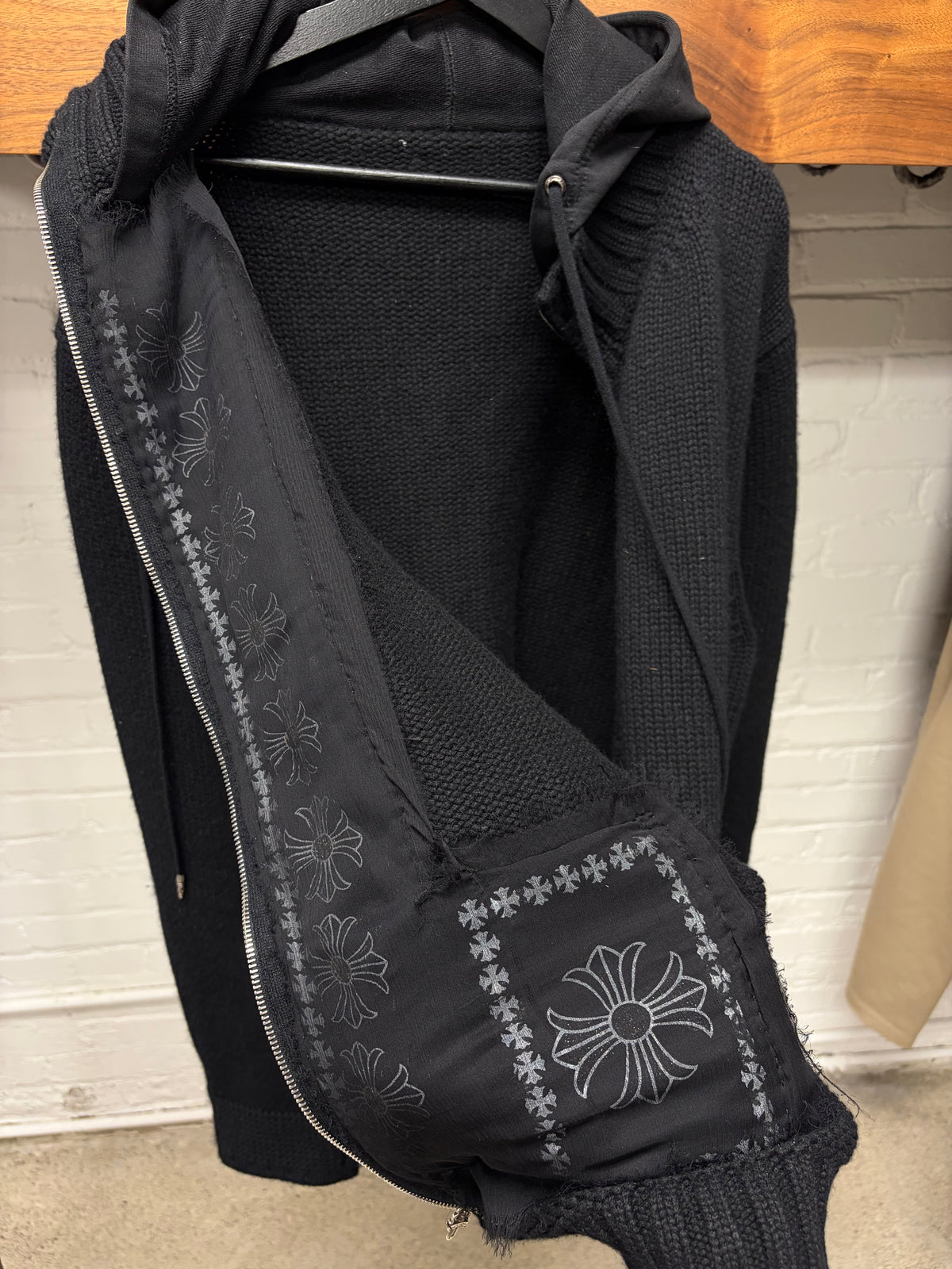 Chrome Hearts Custom Order Cashmere/Leather Cross Patch .925 Silver Zip-Up Knit Hooded Sweater