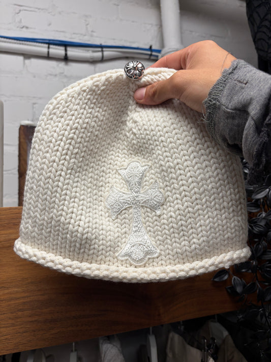 Chrome Hearts Cashmere/Rhodium White Beaded Cross Patch Beanie