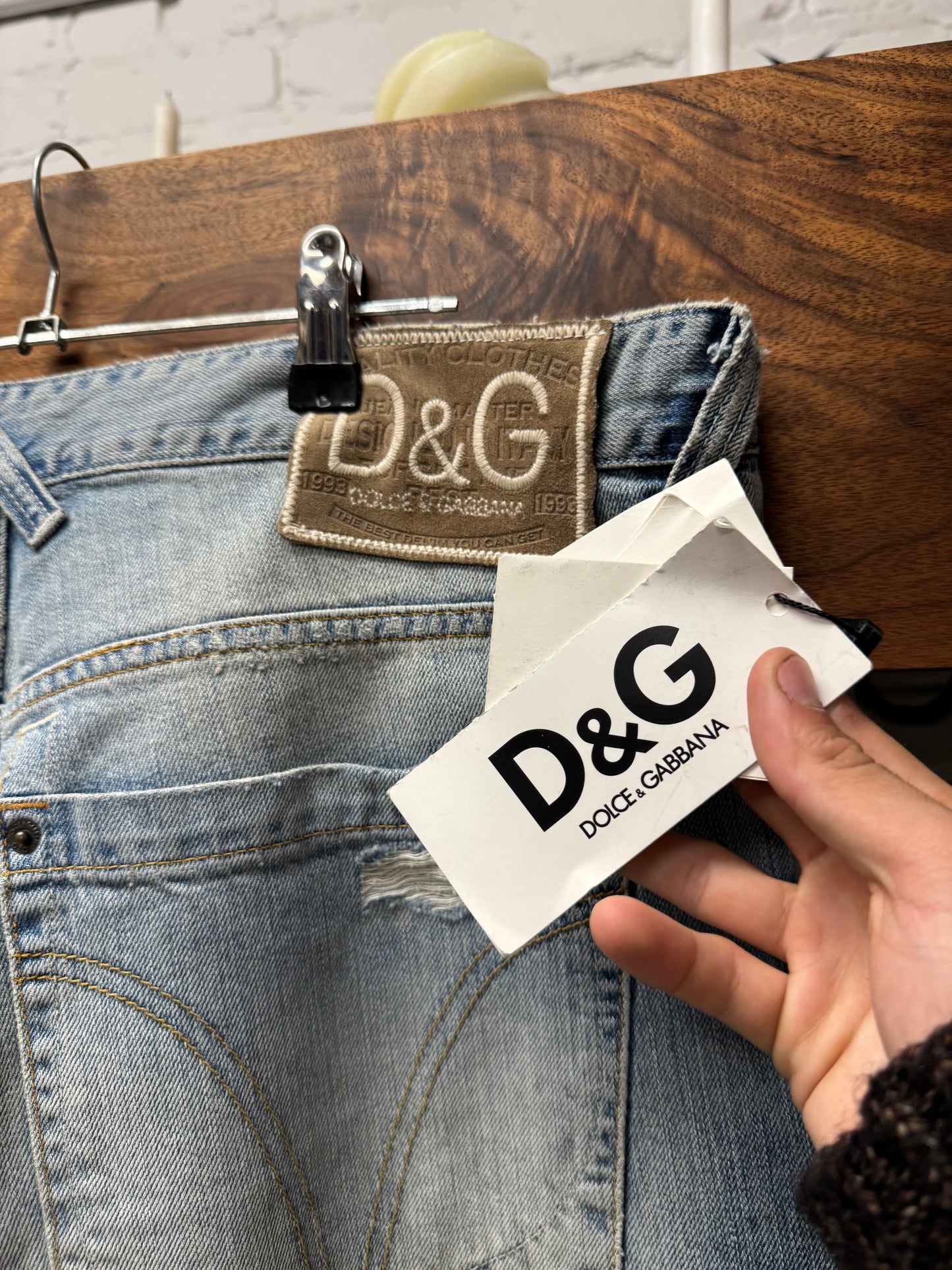 2000s Dolce & Gabbana Light Wash Blue Distressed Wide Leg Denim