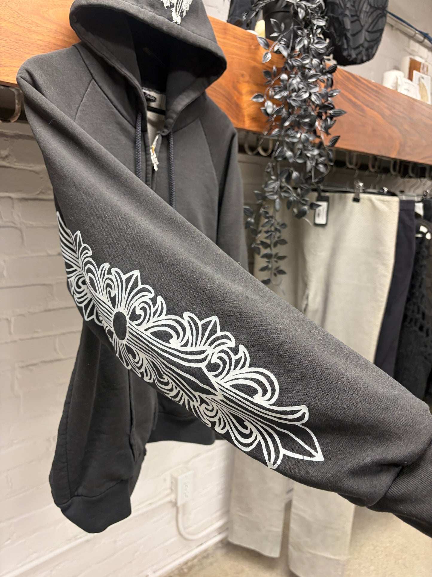 Vintage 90s Chrome Hearts Thermal Lined ‘Floral/Dagger’  925 Silver Dagger Zip Hoodie