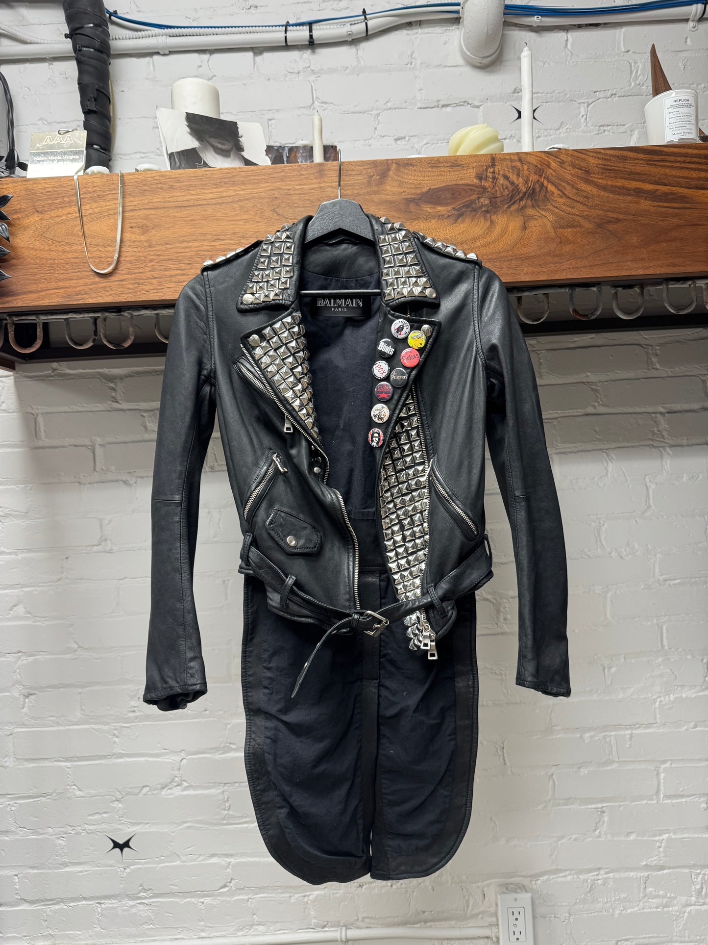 SS2011 Balmain Studded/Pin Patched ‘Caped’ Leather Biker Jacket