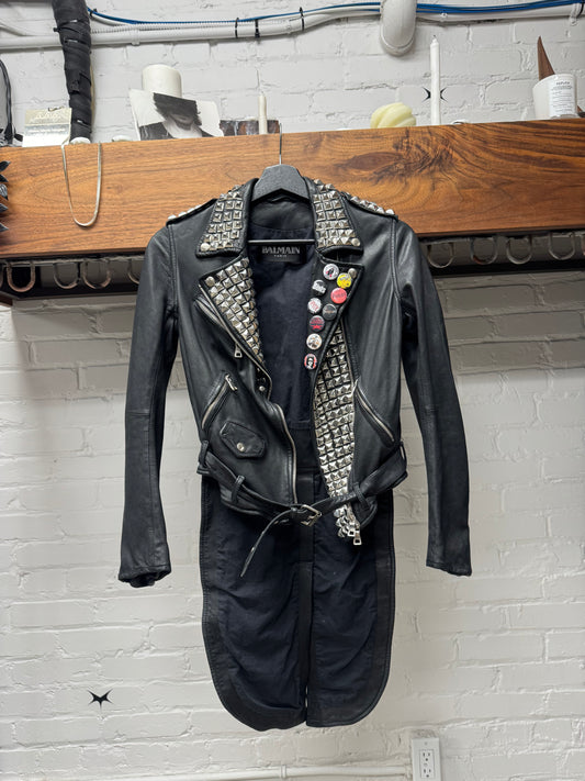 SS2011 Balmain Studded/Pin Patched ‘Caped’ Leather Biker Jacket