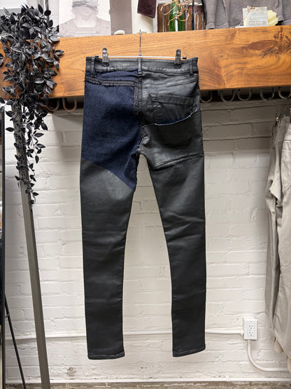 SS2019 Rick Owens ‘Babel’ Patched Waxed Black/Blue ‘Tyrone’ Skinny Jeans