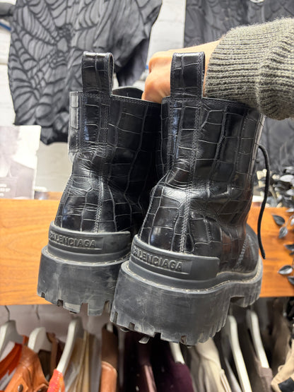 Balenciaga Croc Embossed Black Leather ‘Strike’ Combat Boots