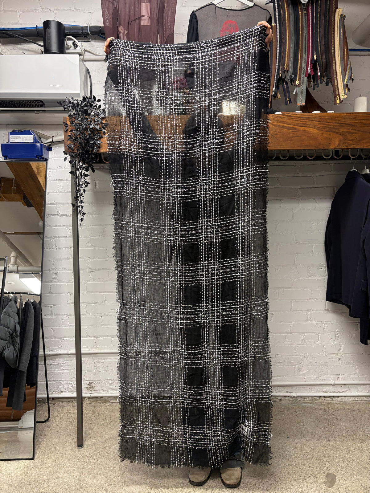 Chanel Tweed Pattern Black/Silver Cashmere CC Interlock Logo Scarf