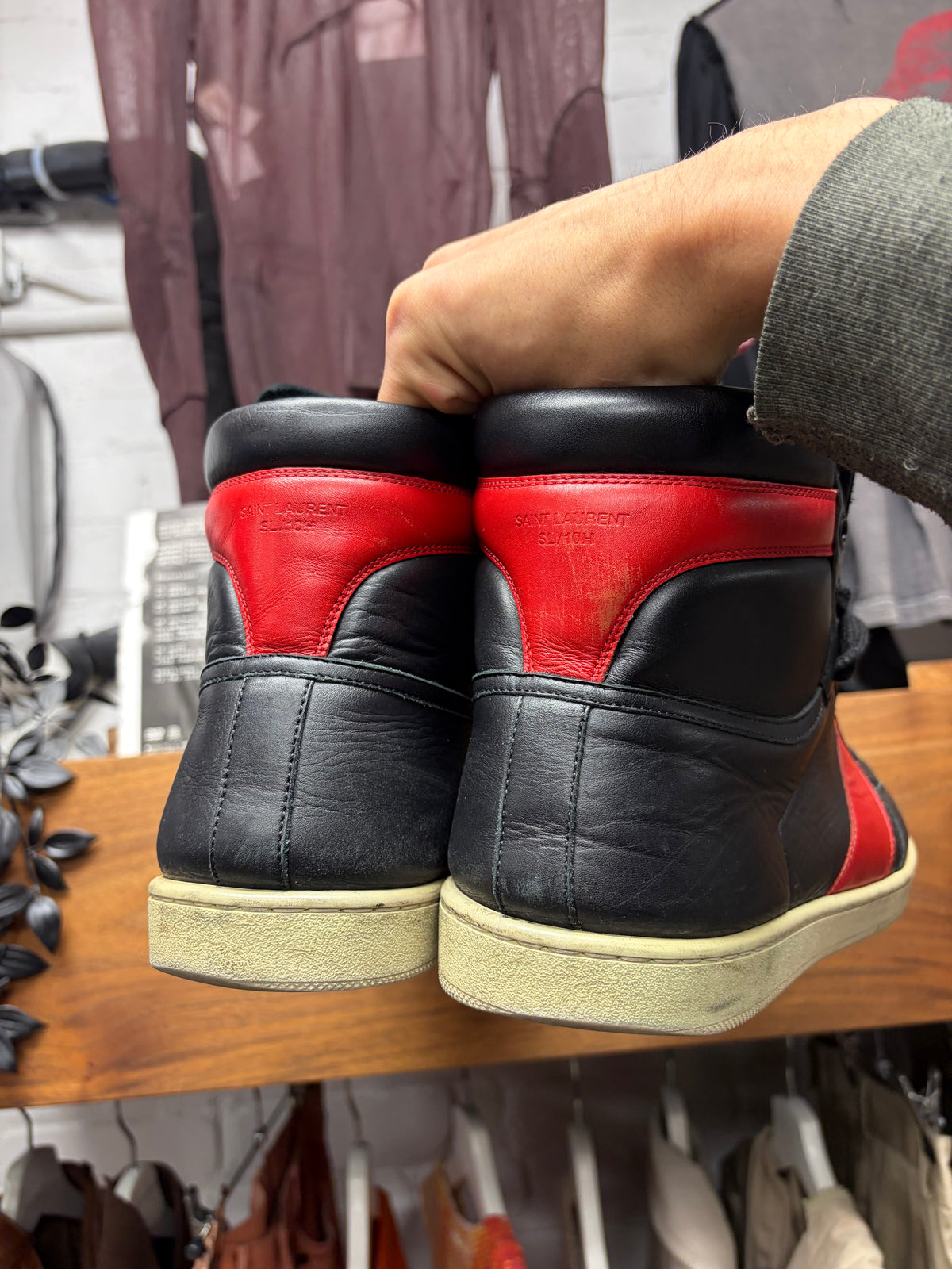 Saint Laurent 'SL/10H' Black/Red Leather Court High Top Sneakers