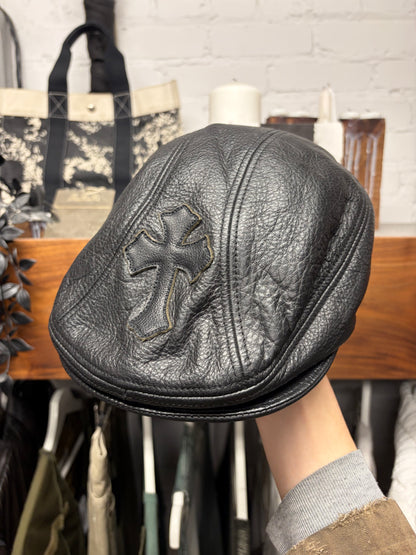 Vintage 90s Chrome Hearts ‘Paperboy’ Black Cross Patch Leather Cap