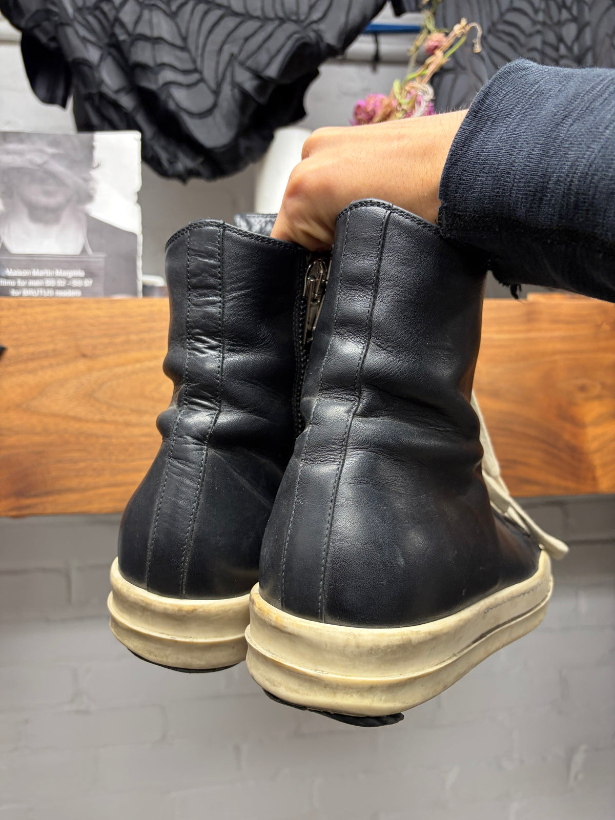 Rick Owens Mainline Black Leather ‘Ramones’ High Top Sneakers