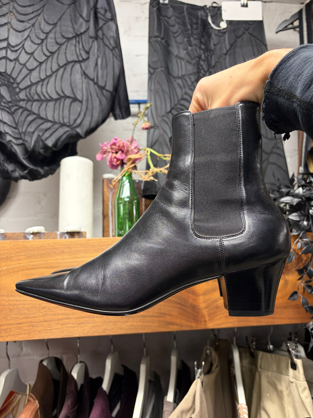 Saint Laurent ‘Rainer’ Glossy Black Leather Pointed Toe Chelsea Boots