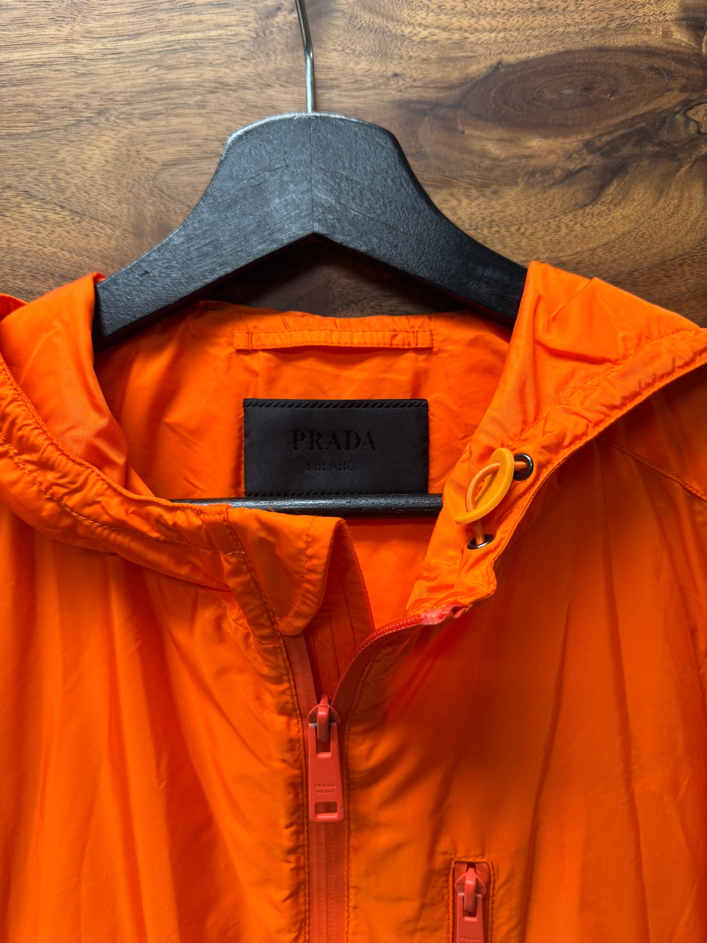 Prada ‘Safety Orange’ Hooded Shell Windbreaker Zip-Up Jacket