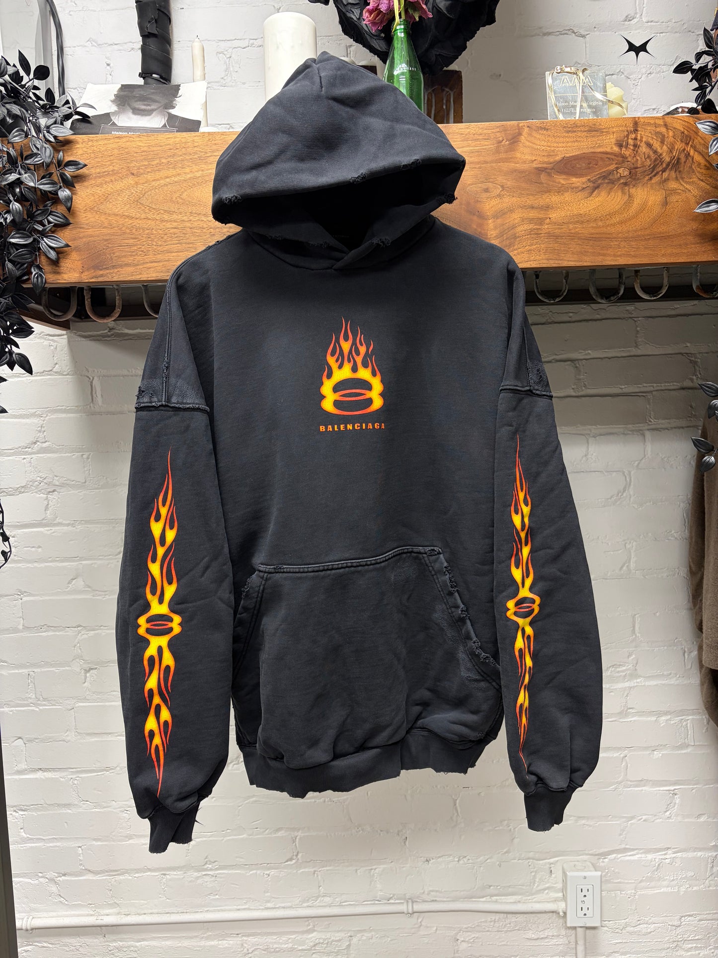 SS2024 Balenciaga ‘Unity Flame’ Distressed Black Pullover Hoodie