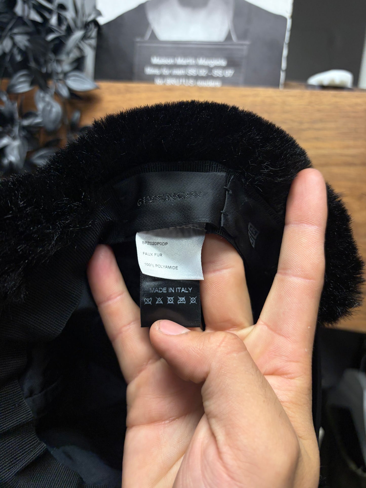 Givenchy ‘4G Logo’ Leather Strap-Back Black Faux Fur Hat