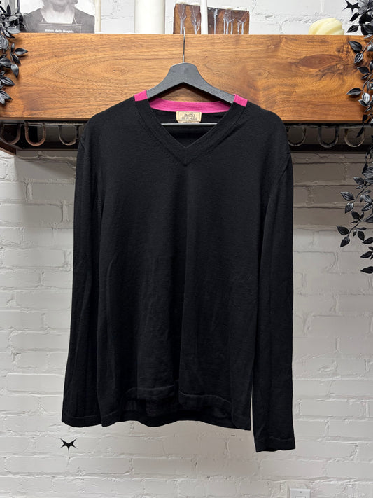 Hermes Black/Pink Cashmere V-Neck Knit Sweater