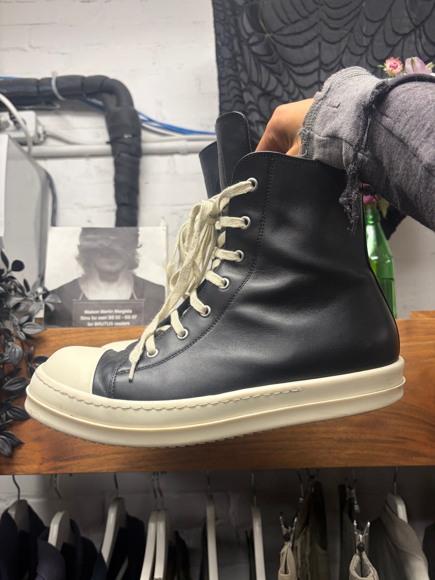 Rick Owens Black Leather ‘Ramones’ High Top Sneakers