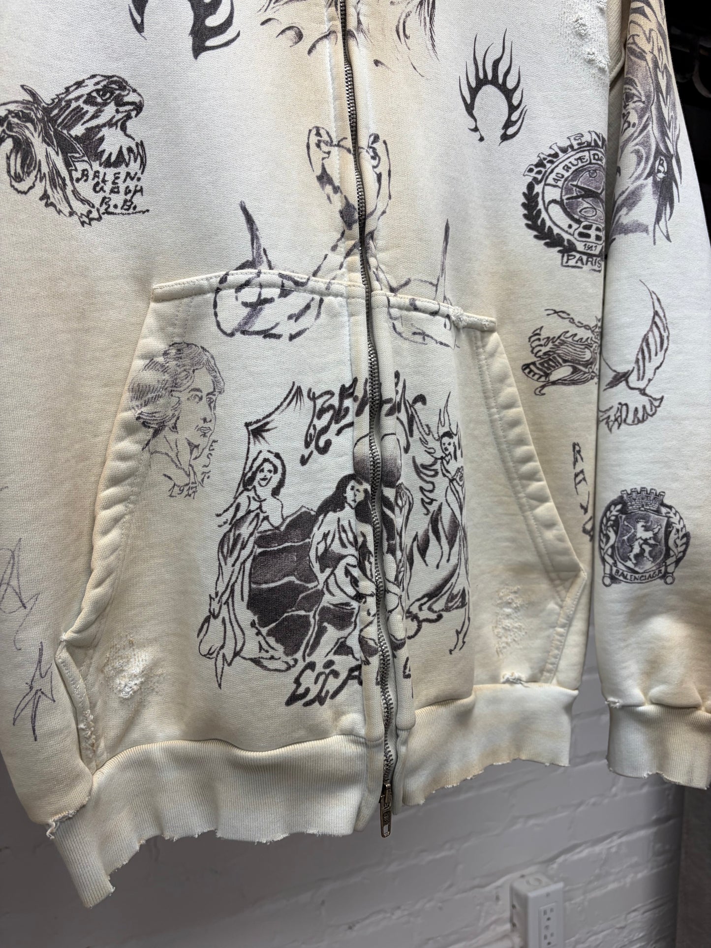 SS2024 Balenciaga ‘Tattoo’ Dirty White Zip Up Hoodie