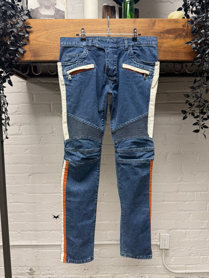 Balmain ‘Racing Stripe’ Orange/White Stripe Blue Biker Skinny Jeans