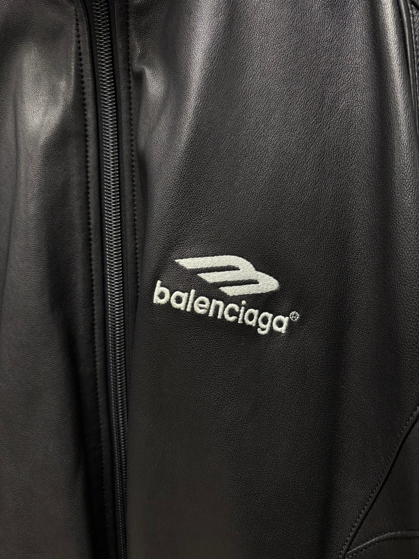 2022 Balenciaga ‘3B Sports Icon Logo’ Black/White Leather Zip-Up Bomber Jacket