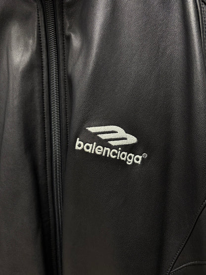 2022 Balenciaga ‘3B Sports Icon Logo’ Black/White Leather Zip-Up Bomber Jacket