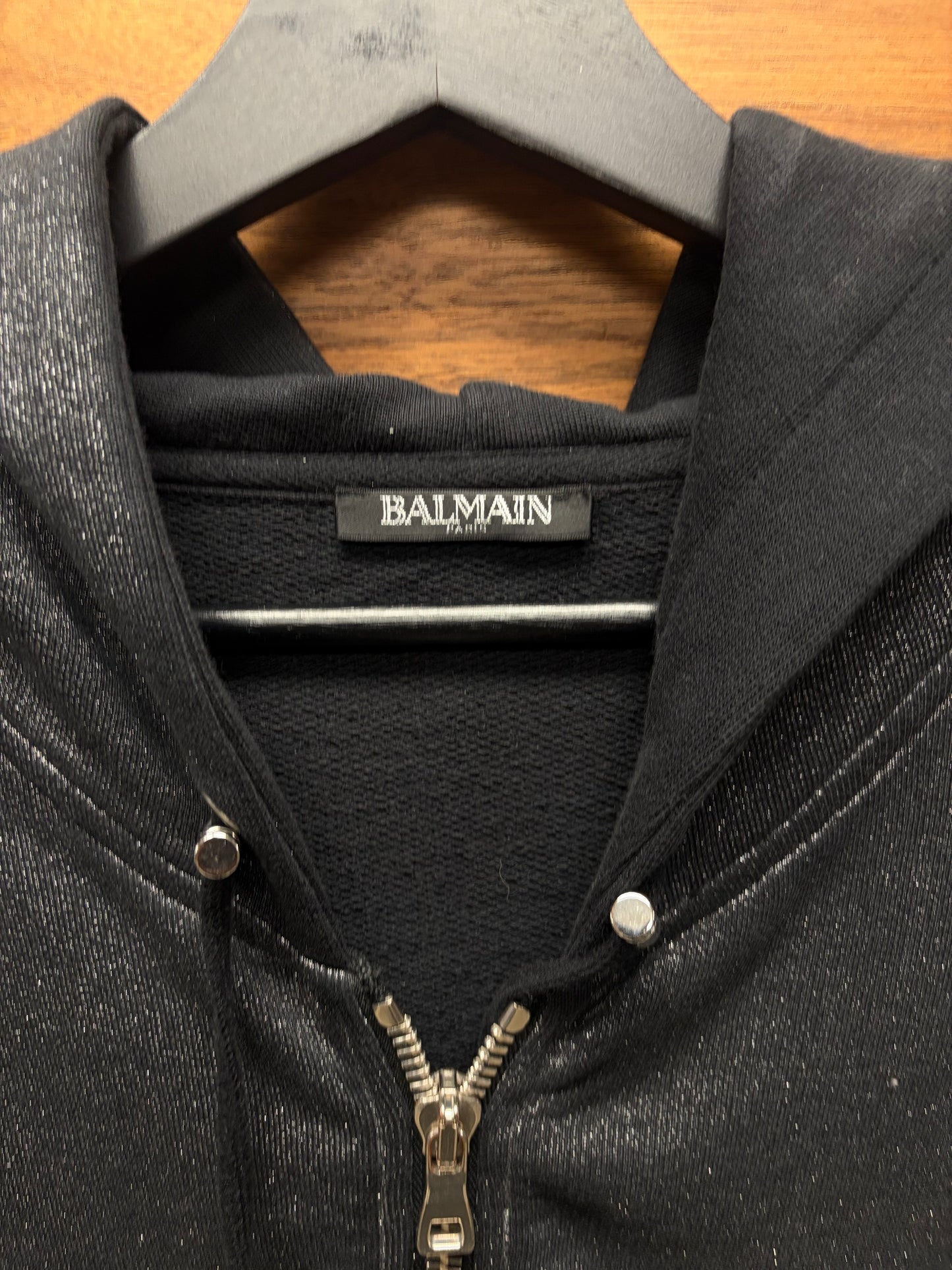 2010s Balmain Glitter Effect Grey Side-Zip Logo Hoodie